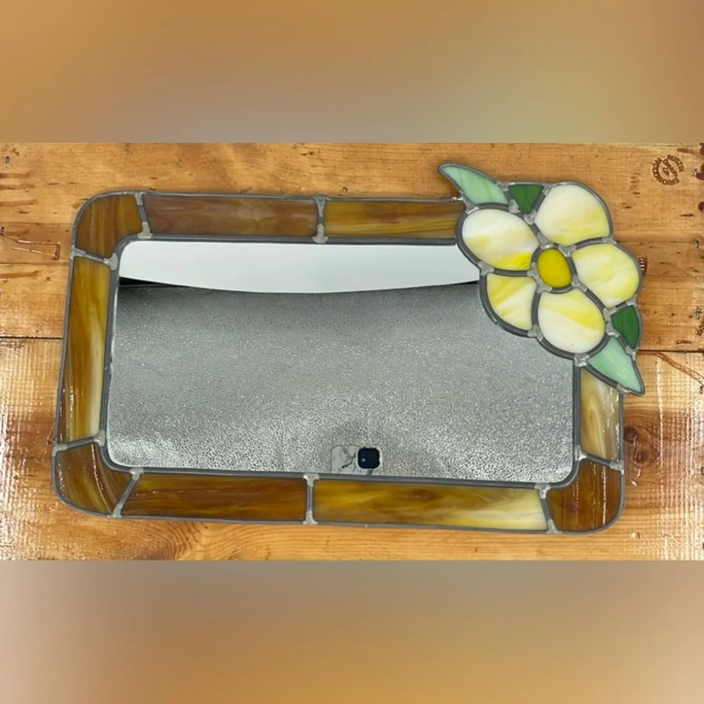 Vintage Stained Glass Yellow Flower Tiffany Style Floral Mirror – 10.5” x 16”